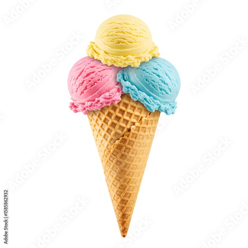 A refreshing ice cream cone featuring three colorful scoops on top 