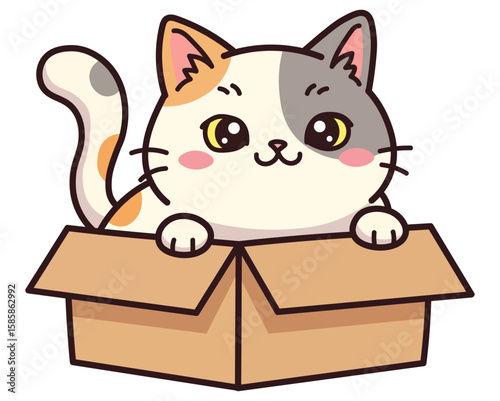 Cute kawaii calico cat peeking out of a cardboard box. Funny "if it fits, I sits" meme concept. Adorable cartoon vector character for stickers, moving announcements, and pet adoption themes. Isolated 