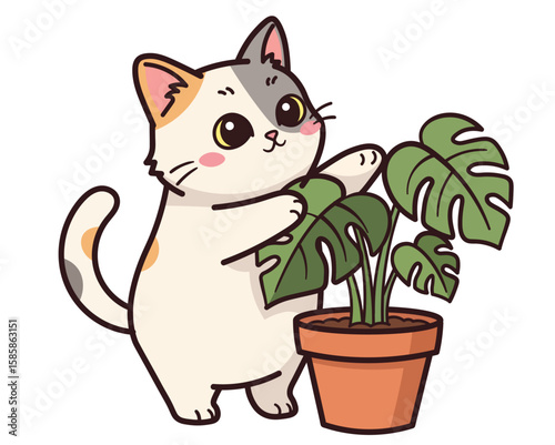 Cute kawaii calico cat playing with a monstera deliciosa plant in pot. Adorable vector cartoon character illustration for stickers, nursery decor, and prints. Isolated on white background.