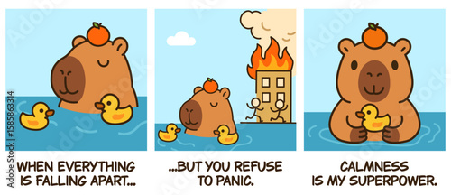Funny comic strip about staying calm during a crisis, inspired by the "This is Fine" meme. A zen capybara demonstrates its superpower against stress and burnout. Perfect for office humor