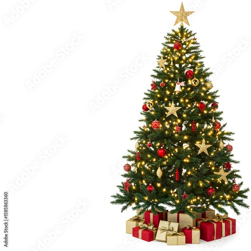 A beautifully decorated Christmas tree with red and gold ornaments and presents at its base. 
