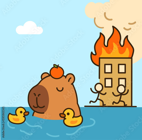 Funny "This is Fine" meme concept with a calm capybara relaxing in water, ignoring a burning building. Sarcastic vector illustration about chaos, stress, deadlines, and burnout. Perfect for office hum