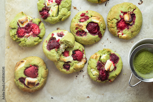 cookies fait maison au matcha thé vert chocolat blanc et framboises
