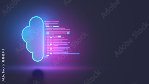 API concept. Cloud repository for team work of software development. Program text comes in the neon icon of digital cloud storage. Application Programming Interface. Shared access and Cloud computing.