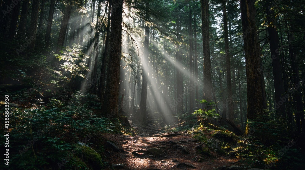 Fototapeta premium Sunlight beams through misty forest path