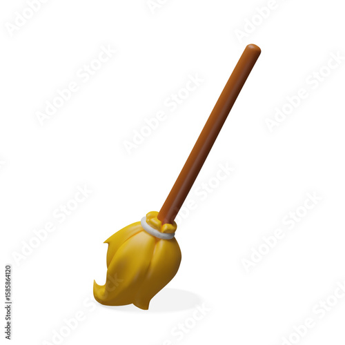 3D broom vector illustration for Halloween, cleaning, witch, and magic themes. Includes bristles and wooden handle. Great for spooky designs or housework and tidy-up concepts.