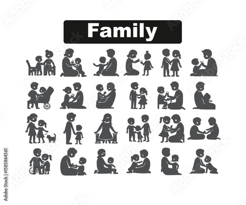 Family Interaction Black Icon Set: Parenting, Childhood & Caregiving Symbols