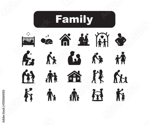 Family Life Black Icon Set: Parenting, Childhood & Home Symbols