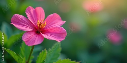 Close-up of a solitary pink flower with green foliage against vibrant colored petals, botanical photography, flower closeup