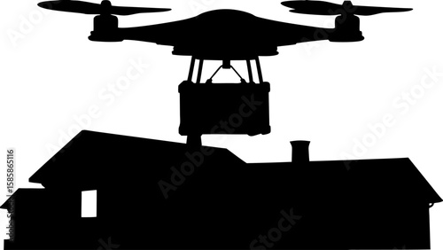 Silhouette of a drone carrying a package over a house with a chimney and a window during the day