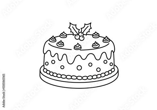 Christmas cake drawing. Black and white outline of a decorated Christmas cake with icing, holly, and berries, a festive holiday dessert. Vector sketch line art draw.