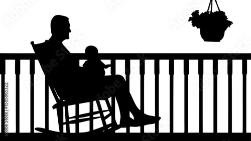Silhouette of a man and baby in a rocking chair on a porch with a hanging flower basket outside the railing