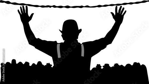 Silhouette of a man in a bowler hat reaching for a wire above a crowd of people also wearing hats