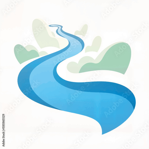 Abstract river flowing through green hills in minimalist style  