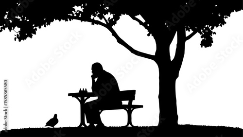 Silhouette of a man sitting on a bench under a tree playing chess with a bird nearby on the ground