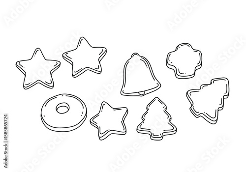 Christmas cookie drawing. Black and white outline of various Christmas cookies in festive shapes like stars, bells, and trees. Vector sketch line art draw.