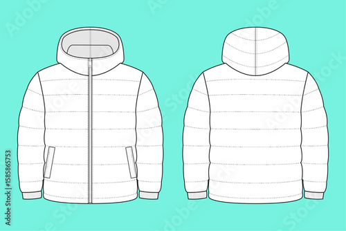 Unisex Quilting Padding Zip Through Hoodie Jacket fashion flat sketch outline CAD mockup template.