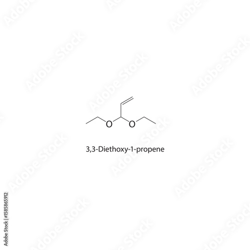 3,3-Diethoxy-1-propene skeletal structure. acetal alkene compound schematic illustration. Simple diagram, chemical formula.