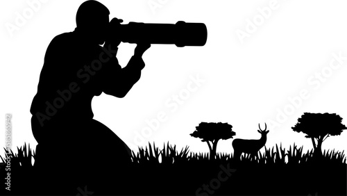 Silhouette of a wildlife photographer aiming a long lens at a deer in a grassy field with trees
