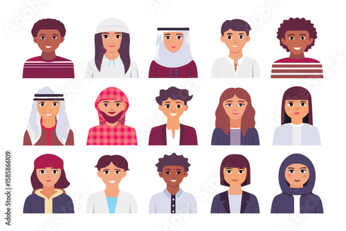 Diversity of faces: A vibrant collection of portraits of diverse individuals, capturing the essence of global faces. Perfect for illustrating themes of inclusion, global communities.