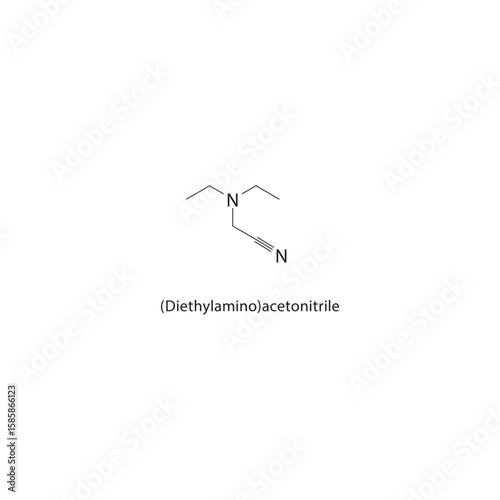 (Diethylamino)acetonitrile skeletal structure. nitrile amine compound schematic illustration. Simple diagram, chemical formula.