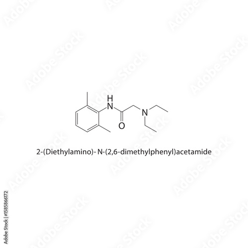 2-(Diethylamino)-N-(2,6-dimethylphenyl)acetamide skeletal structure. anesthetic drug compound schematic illustration. Simple diagram, chemical formula.