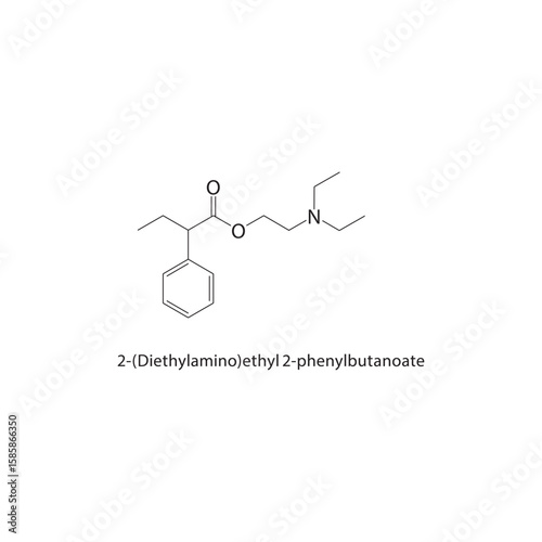 2-(Diethylamino)ethyl 2-phenylbutanoate skeletal structure. ester drug compound schematic illustration. Simple diagram, chemical formula.