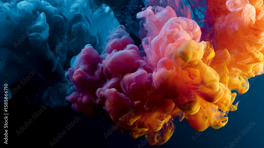Obraz premium A colorful cloud of ink in water, with the hues of orange and pink swirling together on a dark blue background