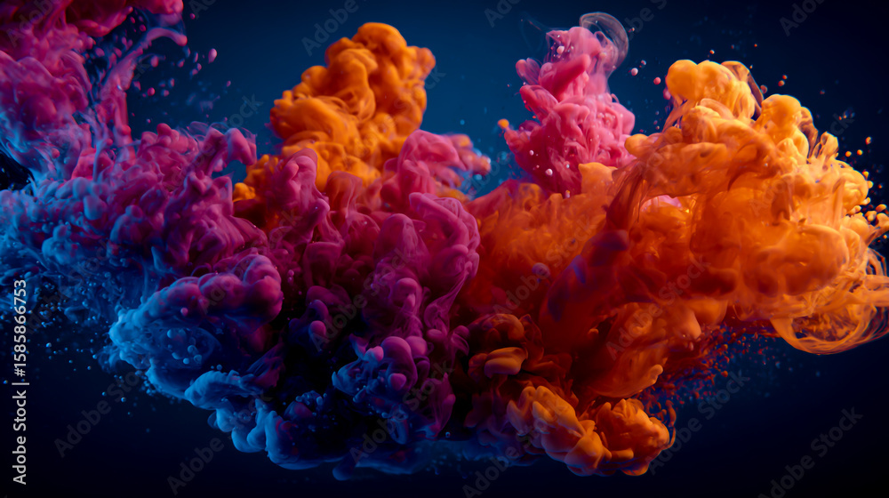 Fototapeta premium A colorful cloud of ink in water, with the hues of orange and pink swirling together on a dark blue background