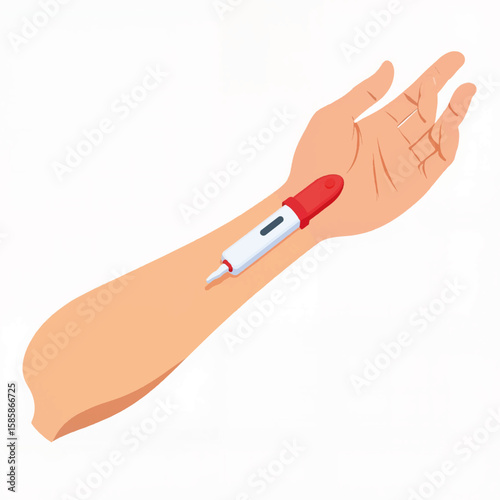 Arm with thermometer indicating body temperature in clinical context  