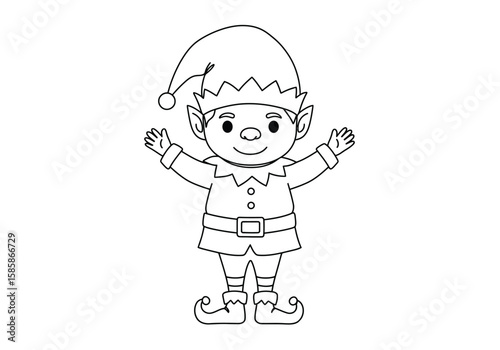 Christmas elf drawing. Black and white outline of a cheerful Christmas elf with pointed ears and a festive hat. Vector sketch line art draw.