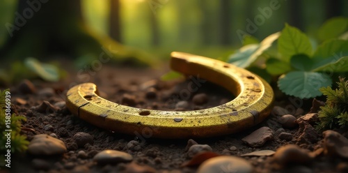Scratched golden horseshoe lying on a forest floor, wilderness, nature, natural scenery