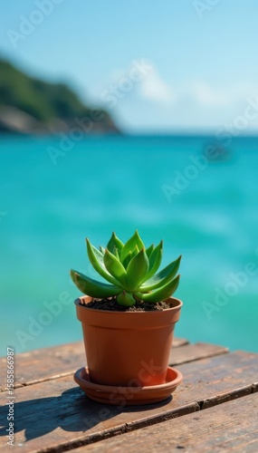 Small potted succulent plant on weathered wooden table by ocean blue waters , table, plants, succulent