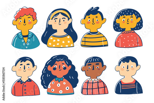 Diverse Portraits: A collection of hand-drawn illustrations of diverse individuals, celebrating the beauty of human diversity, each with a unique expression. 