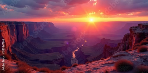Vast canyon ablaze with sunset hues, layered rock formations , color, sunset, fiery