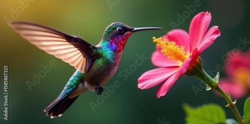 Vibrant hummingbird with iridescent plumage, hovering near flower , bright, orange