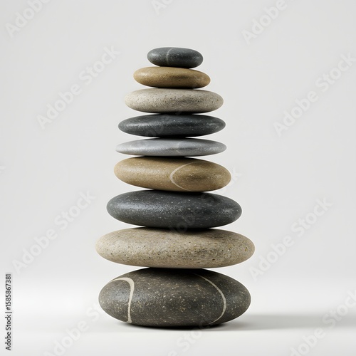 A carefully balanced tower of smooth, grey stones, embodying stillness and equilibrium