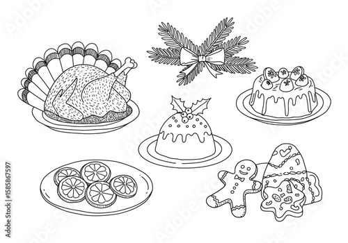 Christmas food drawing. Black and white outline of various festive Christmas foods, including turkey, puddings, gingerbread, and oranges. Vector sketch line art draw.