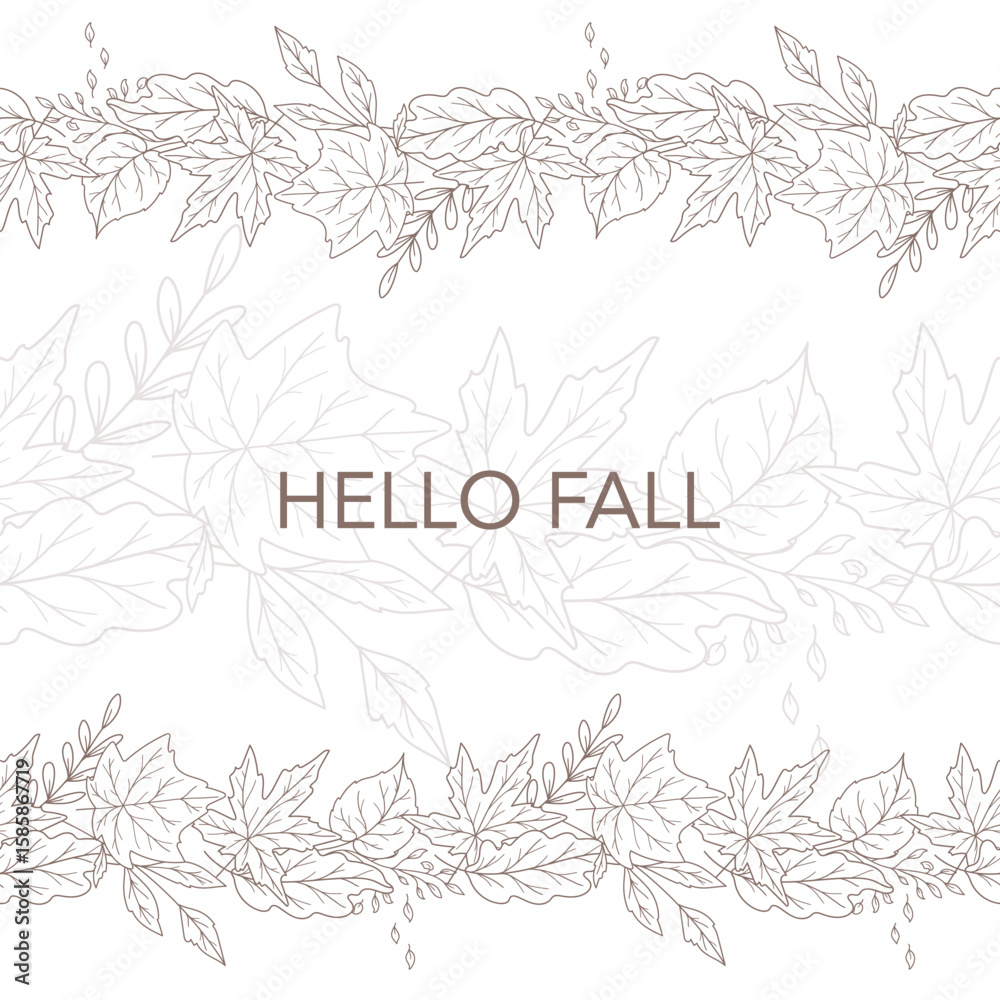 Obraz premium Fall Seamless Design. Hello Fall Poster. Horizontal Fall Background. Autumn Line Art Drawing. Fall Botanical garland seamless. Border Frame