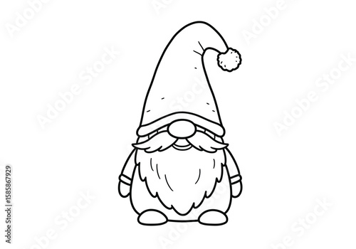 Christmas gnome drawing. Black and white outline of a whimsical gnome with a long beard and tall hat, a festive holiday character. Vector sketch line art draw.