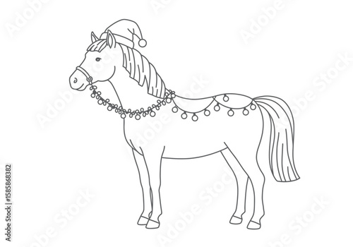 Christmas horse drawing. Black and white outline of a festive horse adorned with a Santa hat and Christmas lights. Vector sketch line art draw.