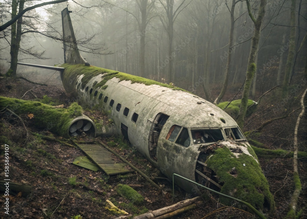 Fototapeta premium An abandoned aircraft overgrown with moss and vegetation rests silently within a dense foggy forest creating an eerie and forgotten atmosphere