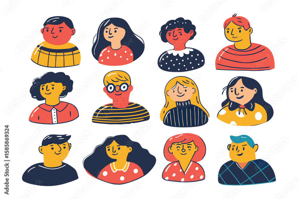 Fototapeta premium Diverse Portrait Collection: An assortment of colorful illustrated portraits of diverse individuals, each embodying unique characteristics, style, and individuality.