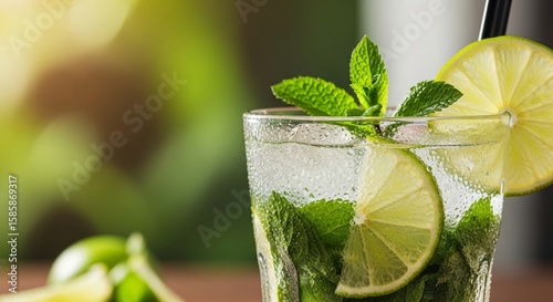 A vibrant close-up of a refreshing mojito cocktail, garnished with fresh lime and mint, featuring condensation on the glass. Perfect for themes of summer drinks, parties, and cool refreshments.