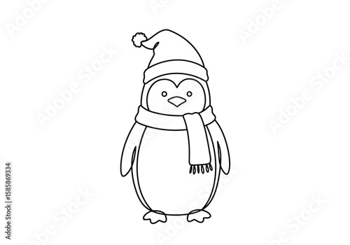Christmas penguin drawing. Black and white outline of a festive penguin wearing a Santa hat and scarf, embodying winter cheer. Vector sketch line art draw.