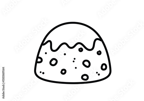 Christmas pudding drawing. Black and white outline of a Christmas pudding, a traditional festive dessert with icing and sprinkles. Vector sketch line art draw.