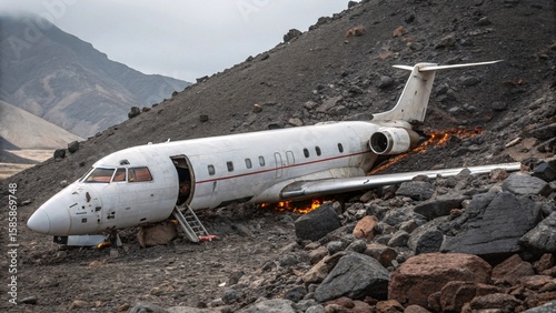 A crashed private jet lies engulfed in flames on a rocky mountainside with its doors open and emergency stairs deployed