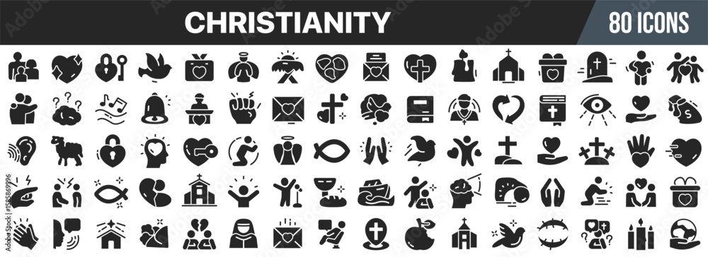 Obraz premium Christianity icon set. Faith, church, bible, cross, prayer, love, charity, hope and worship symbols. Vector illustration