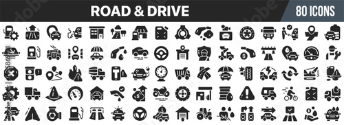 Road and drive icon set. Transportation, car service, fuel, navigation, road safety and driving symbols. Vector illustration