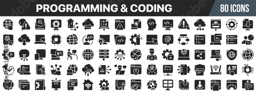 Programming and coding icon set. Software development, coding, web design, server, database and technology symbols. Vector illustration